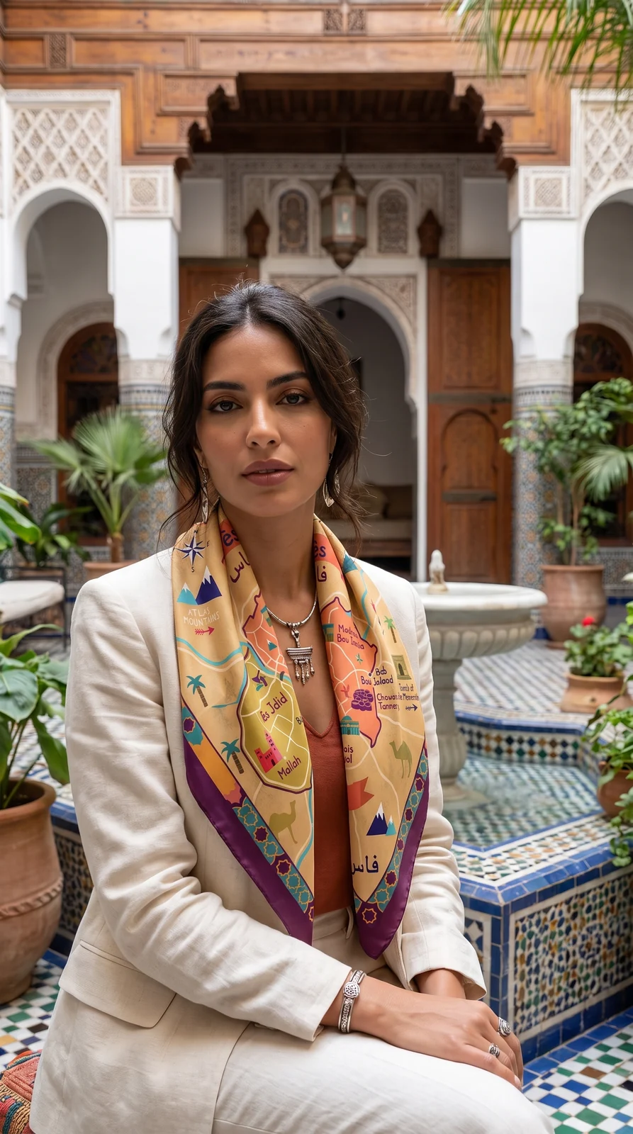 Le foulard La Boussole de Fès porté, noué autour du cou dans un riad