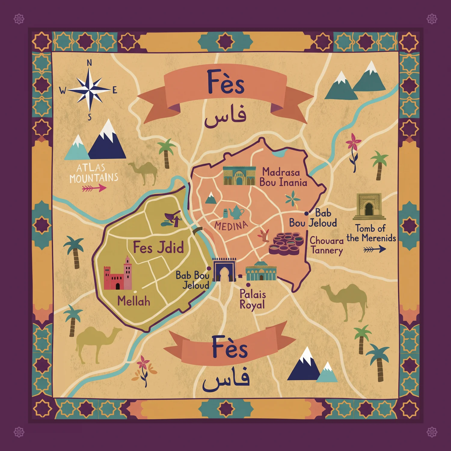 Foulard La Boussole de Fès — une carte illustrée de la ville
