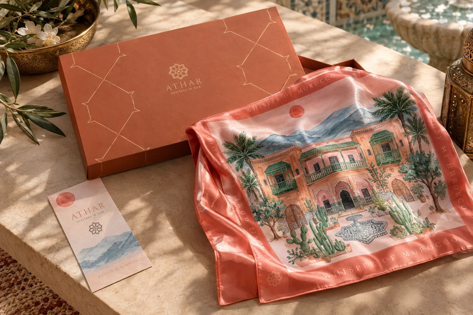 L’écrin ATHAR ouvert, le foulard Le Palais de l’Aube posé sur sa boîte