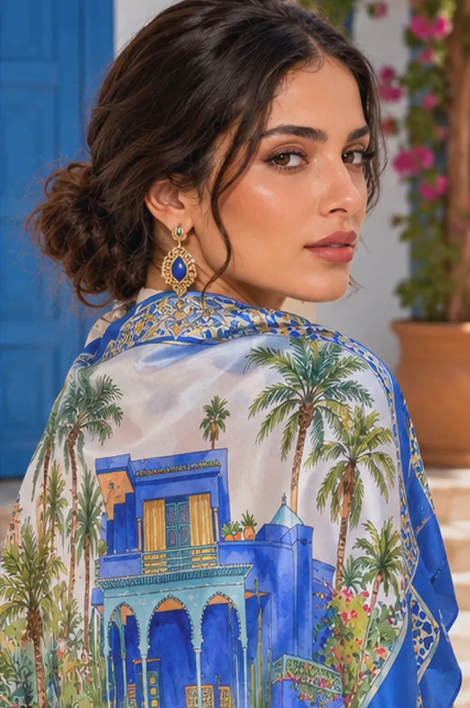 Foulard ATHAR drapé sur les épaules, motif du jardin Majorelle