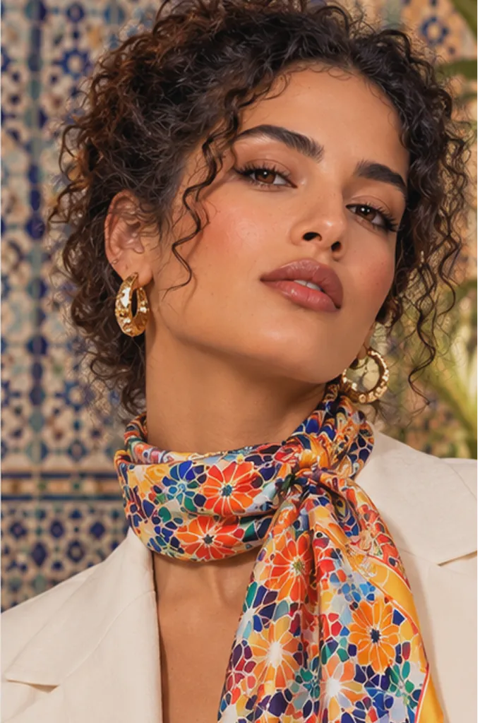 Foulard ATHAR noué au cou, motif zellige